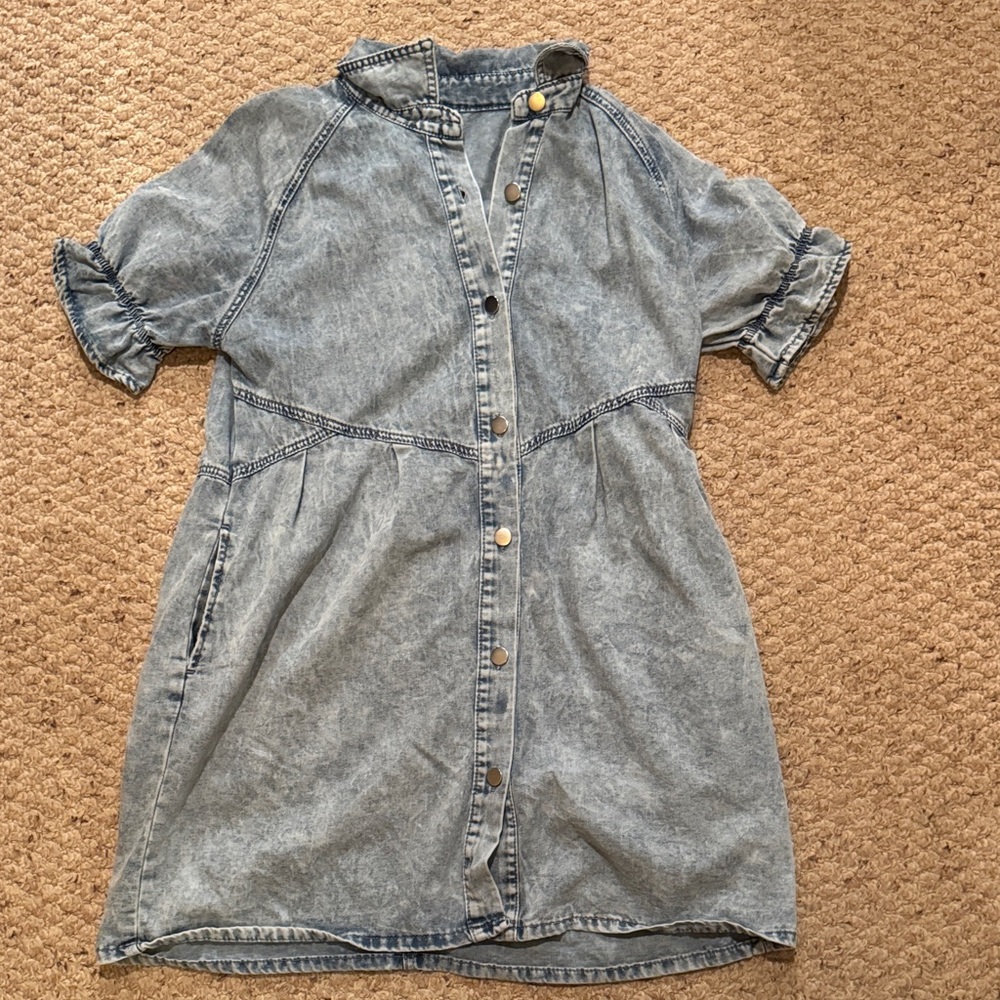 Washed Denim Button-Front Mini Dress - Light Blue